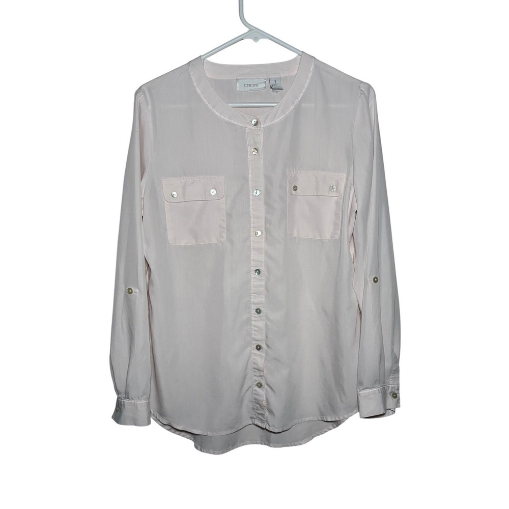 Chico's Minimalist Pink Modal Blouse Roll Tab Sleeve Button Front Top Size M/8